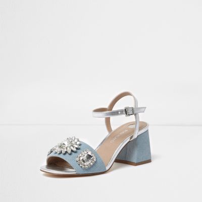 Light blue diamante block heel sandals